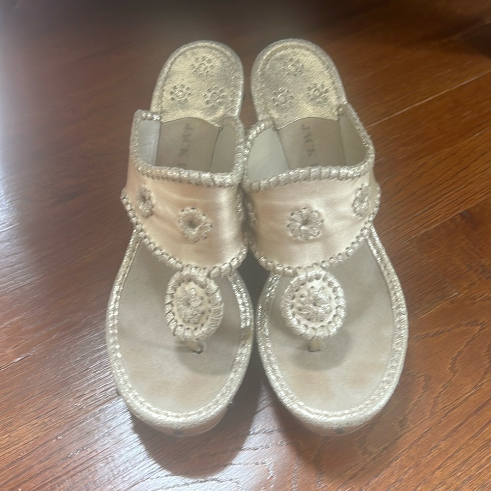 Jack Rogers wooden heeled gold wedge, size 9, good used condition